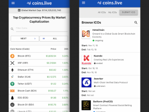 Coins.live app crypto market cap e calendario ICO