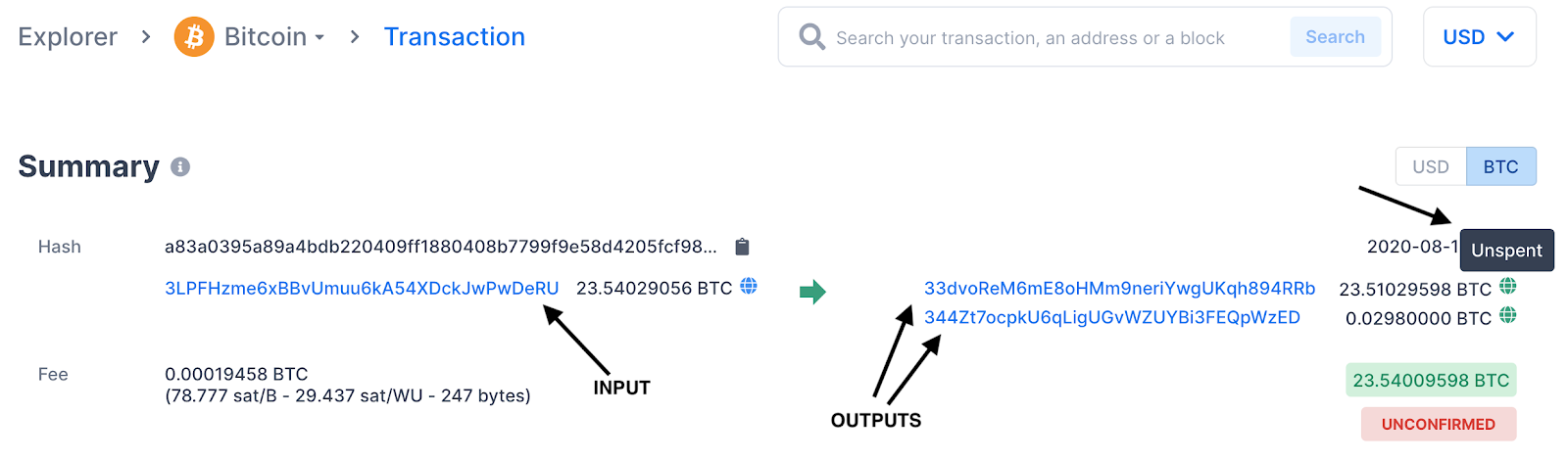 Contoh transaksi Bitcoin yang menunjukkan input dan outputnya
